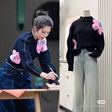 2024秋新款明星同款波浪袖花朵慵懒风黑色小众针织衫女