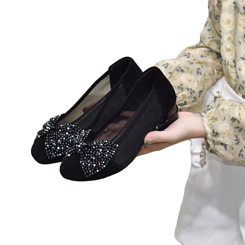 Sandal nữ bít mũi nơ da thật, gót thô 2 cm, miệng nông, vải lưới thoáng mát — Màu đen 2 cm