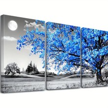 亚马逊蓝色树床头挂画无框画帆布实木内框黑白月亮三联客厅装饰画