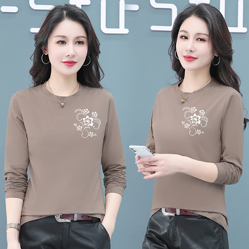 Pure Cotton Stretchy Middle-Aged Mom's Round Neck Pullover T-Shirt for Women, Spring and Autumn Long-Sleeve Stylish Printed Loose Slimming Base Layer