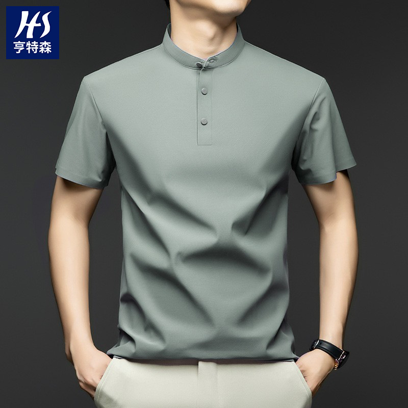 Kam Ammonia Traceless Polo Shirt Men's 2025 New Summer Chinese Style Men's Vertical Collar Solid Color Elastic Ice Silk Short Sleeve Men's T