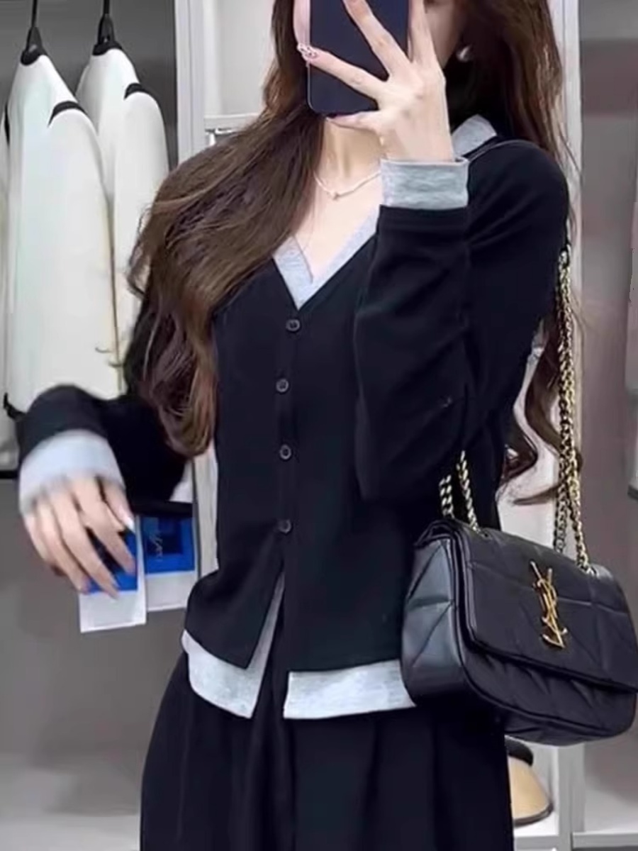 블랙 페이크 투피스 V 넥 긴팔 티셔츠 여성용 초가을 뉴 플러스 사이즈 통통녀 베이스 셔츠 슬림 니트 카디건 탑
