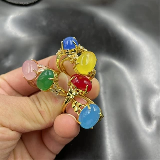 老玉匠 镶嵌绿玉髓戒指 女款活扣可伸缩蓝色玛瑙戒指 粉色指环