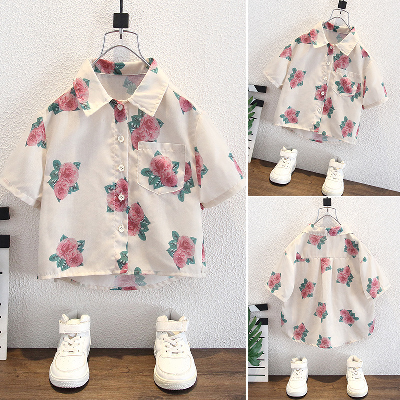 8027 Camisa de manga corta para niños 2025 verano nuevo estilo para niños Camisa de manga corta con estampado de rosas para niños