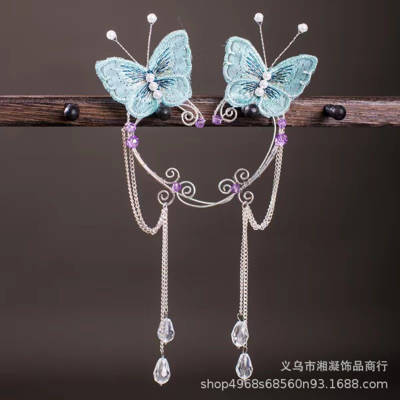 European and American cross-border original handmade fabric embroidery butterfly blue exaggerated retro Hong Kong style versatile earrings and ear clips