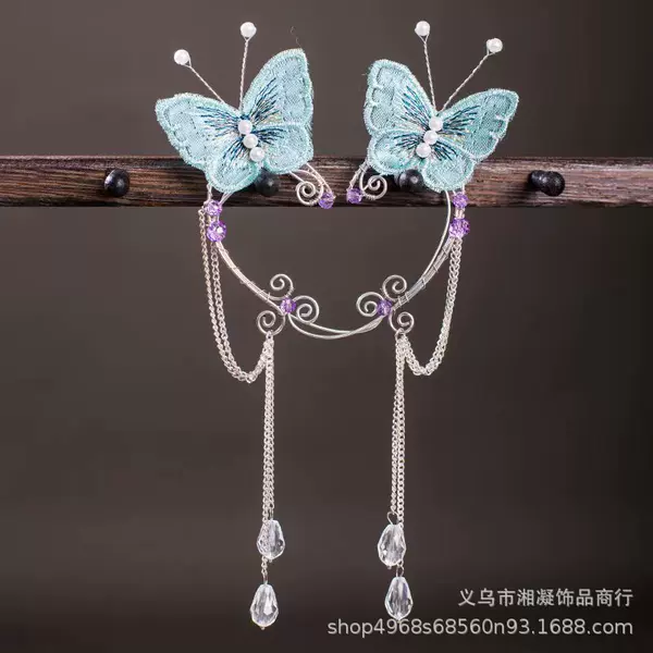 European and American cross-border original handmade fabric embroidery butterfly blue exaggerated retro Hong Kong style versatile earrings and ear clips