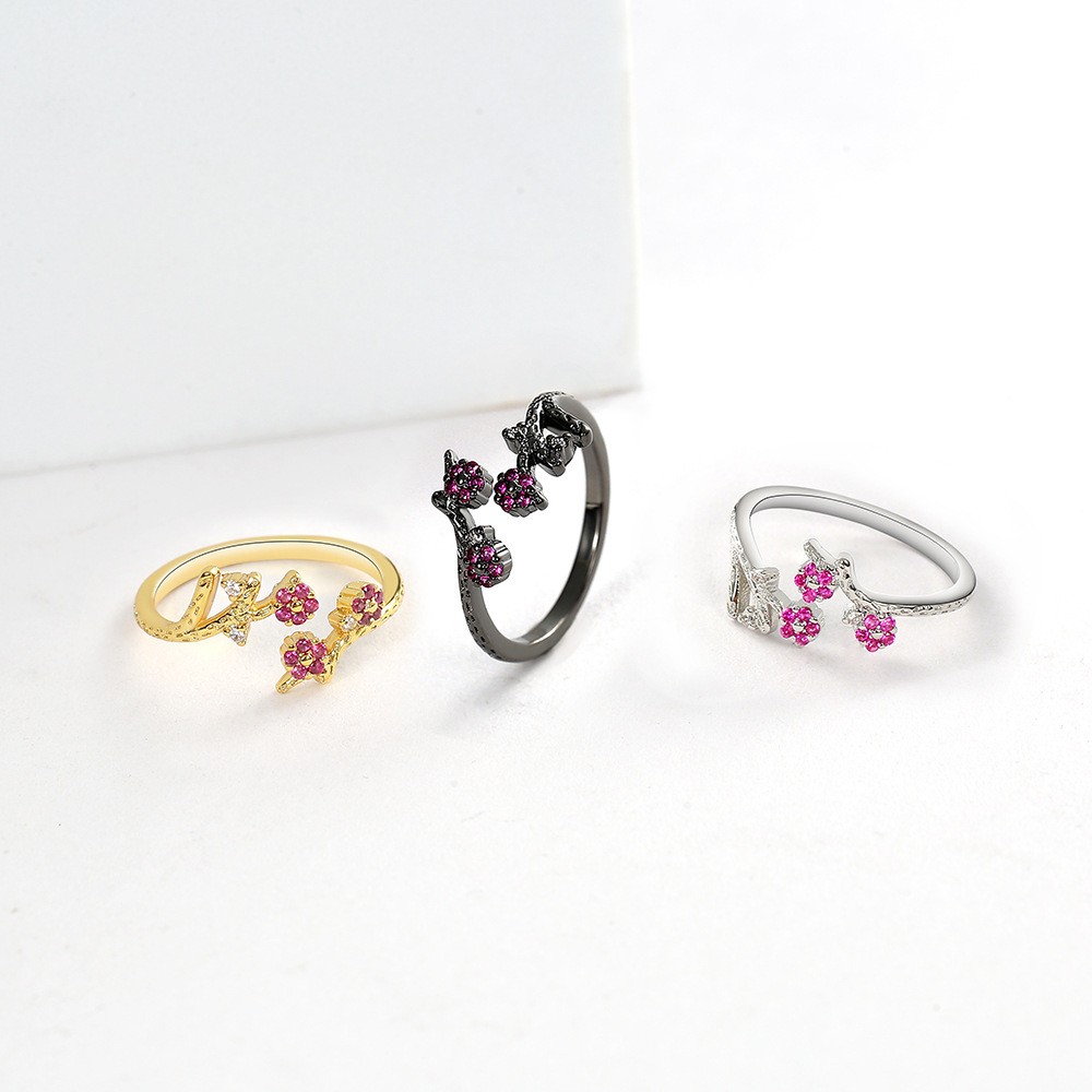 Adjustable Ring Size Elegant Flower Copper Inlay Zircon Open Ring