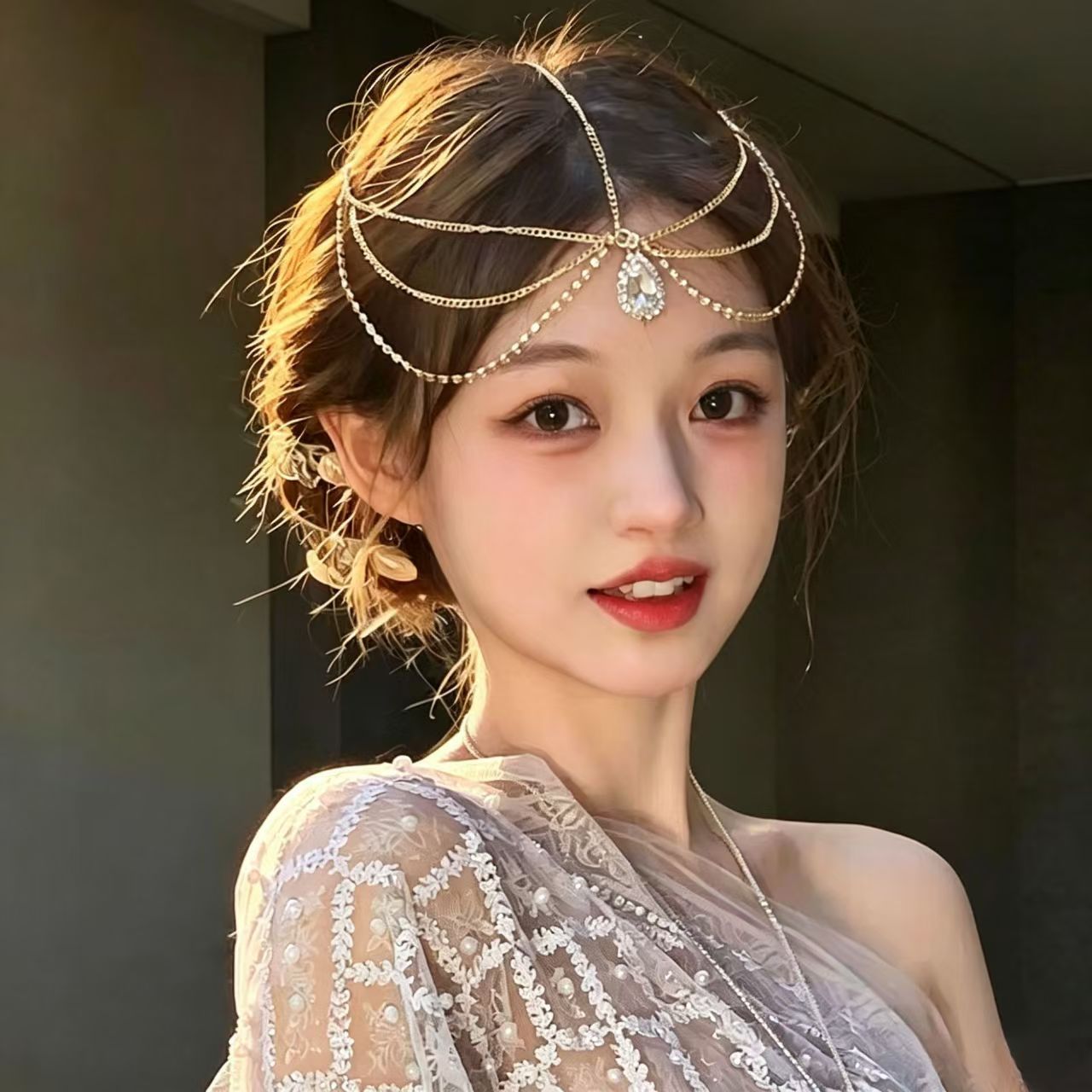 European and American cross-border crystal forehead pendant bridal ethnic exotic princess headpiece fashion personalized hair chain