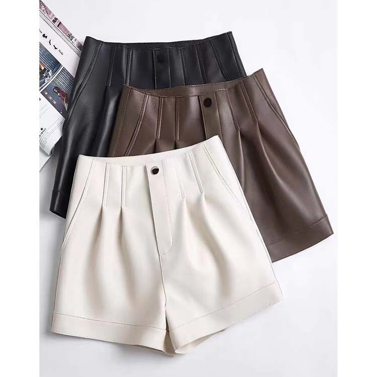 Genuine Leather Pants 4659 Spring and Summer Fashion New Goatskin Women's High-Waist Slimming Look Loose and Versatile A-Line Wide-Leg Leather Shorts