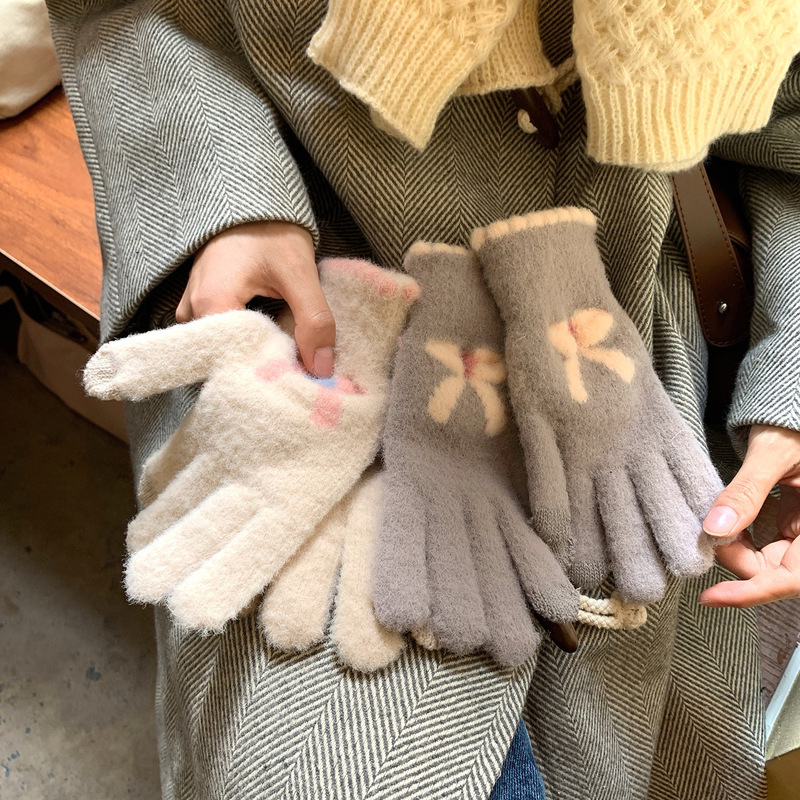 タッチスクリーンニット手袋ぬいぐるみフィンガーかわいい冬サイクリング暖かいプラスベルベット厚みのあるタッチスクリーンリボン手袋|undefined