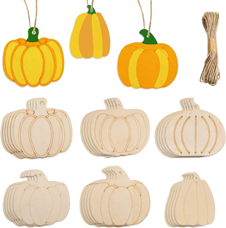 6 Pieces Wooden Unfinished Pumpkin Hollow Hanging Ornament DIY Autumn Halloween Thanksgiving Day Listing