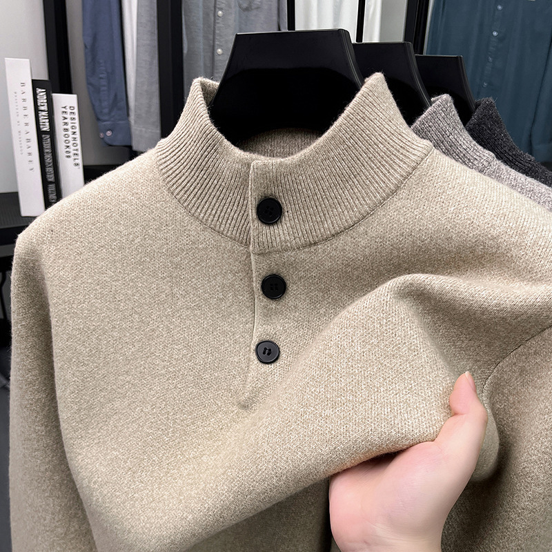 Outlet Clearance Men's Cashmere Sweater Half Turtleneck Winter Thickened Button Sweater Men's Knitted Base Shirt