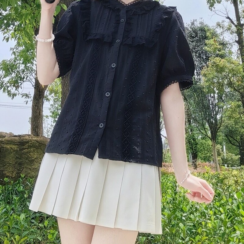 Cotton Soft Japanese Style Cute Sweet Bubble Design Shirt Soft Girl Lace Top Summer Doll Short Sleeve Shirt