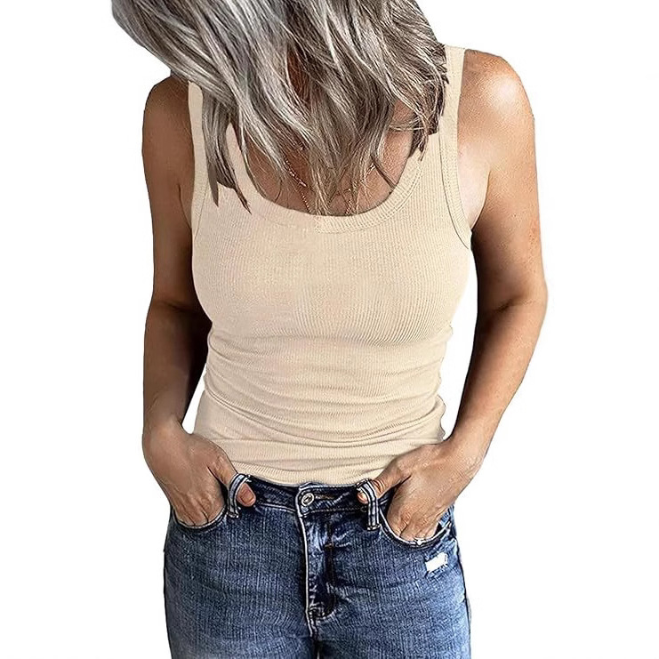 2025 Amazon European and American Cross-border Women's Square Collar Rib T-shirt Sleeveless Elastic Slim Basic Vest Women's Top