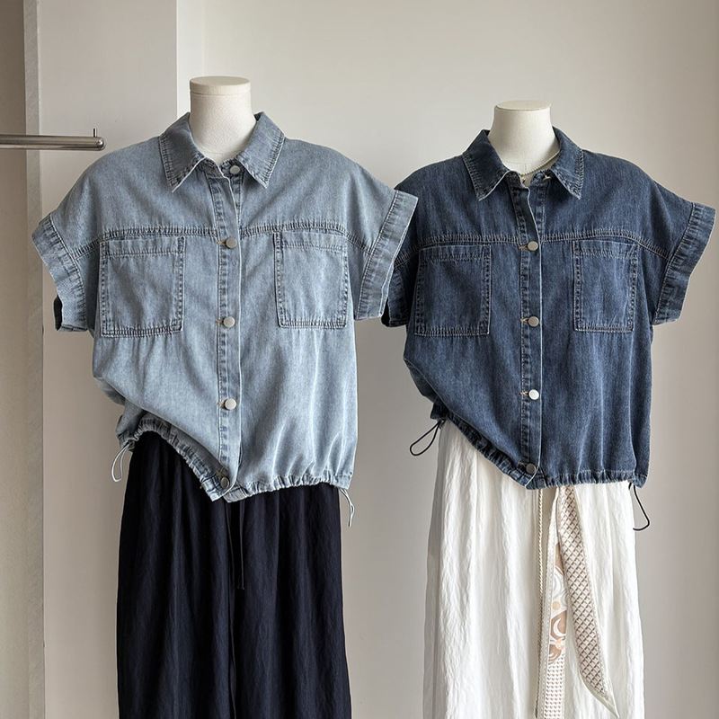 [Bizheng] 2026 Summer New Korean Style Fashion Retro Drawstring Loose Versatile Denim Short-Sleeved Shirt for Women 6835