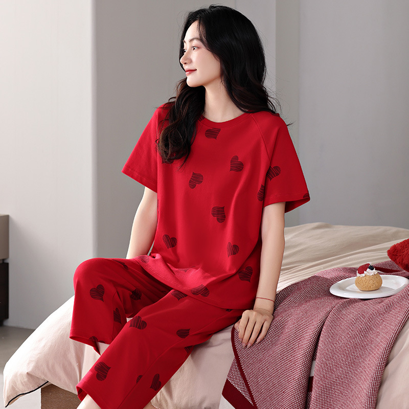 2025 년이 삶의 뱀의 해 잠옷 여성의 붉은 여름 면화 사랑 짧은 소매 플러스 사이즈 통통녀 홈 의류 도매