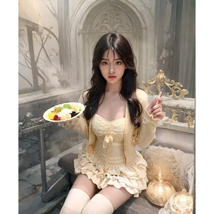 軟糯甜美蝴蝶結抹胸吊帶開春新款針織開衫蕾絲拼接蓬蓬蛋糕裙套裝