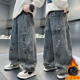 男童冬季加绒牛仔裤2025新款中大儿童运动休闲加厚保暖字母长裤子