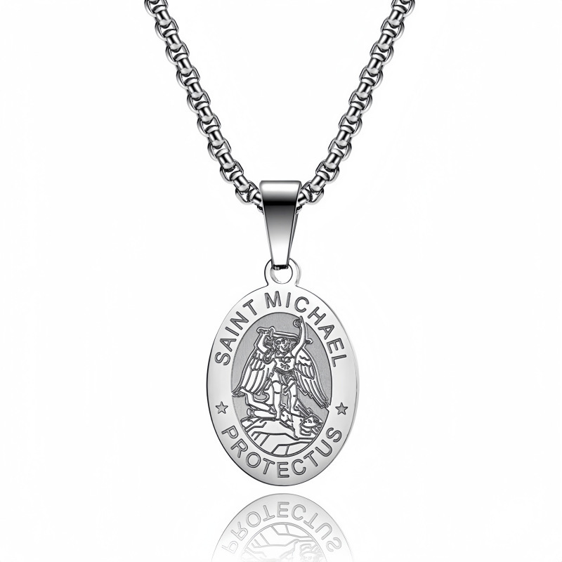 Cross-border Amazon Hot Sale Saint Michael Black Titanium Steel Pendant Stainless Steel Not Fallen Titanium Steel Necklace for Men