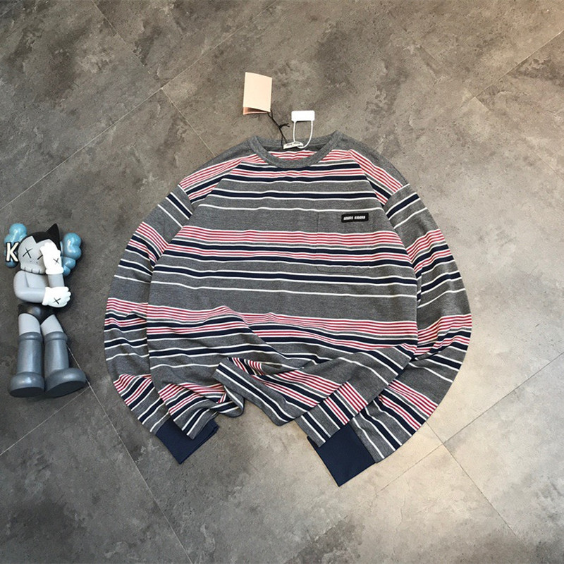 Miu Nanyou Striped Pocket Letter Long-Sleeve T-Shirt, New Spring and Autumn Women's Loose Round-Neck Trendy Style