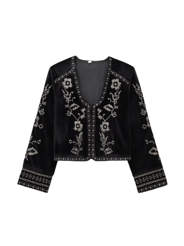Amazon卸売春の新作婦人服クロスボーダーヨーロッパとアメリカンスタイルの刺繍ベルベット長袖ジャケット|undefined