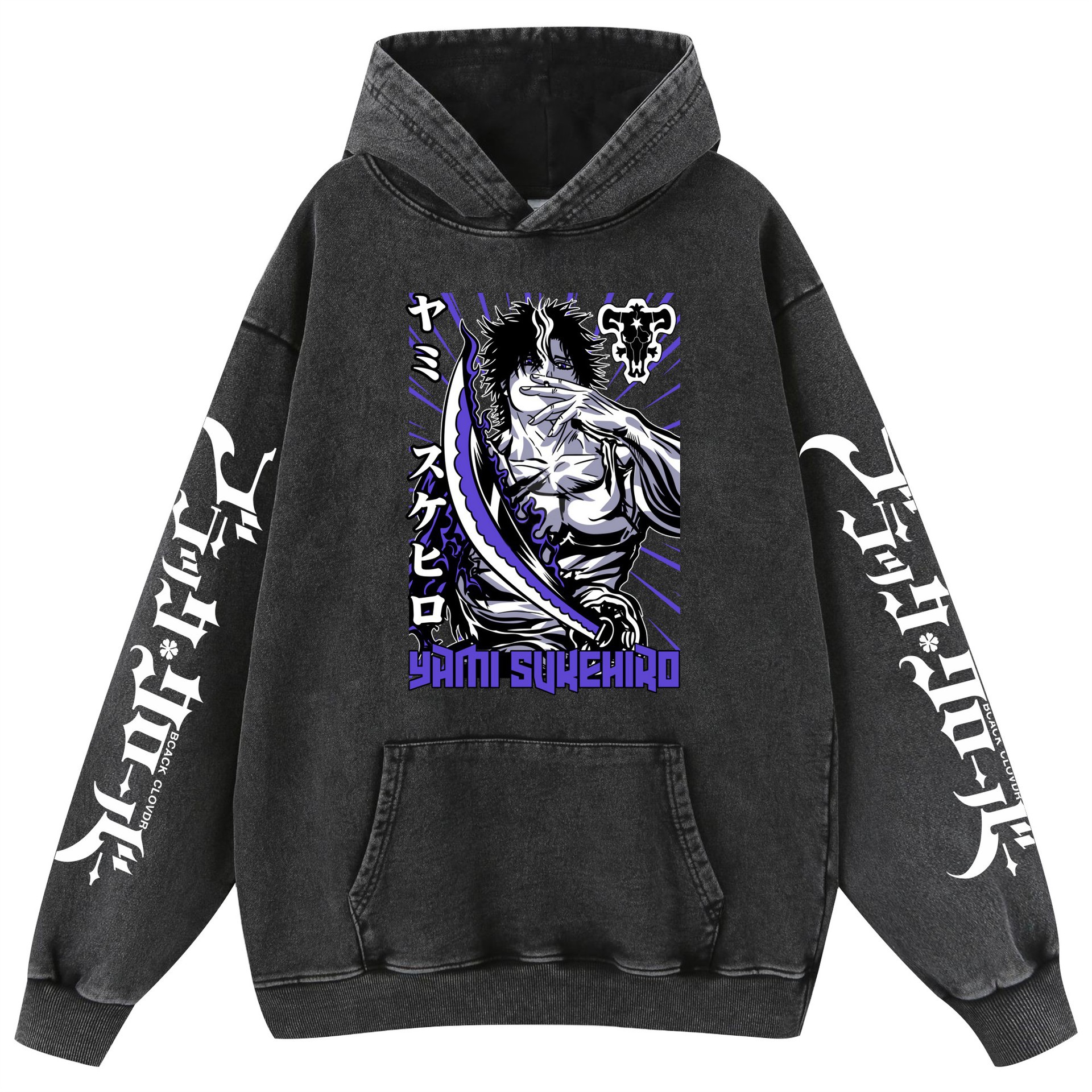 Tréveros negros de cuatro hojas Black Clover Lavado retro algodón con capucha suéter para hombres y mujeres