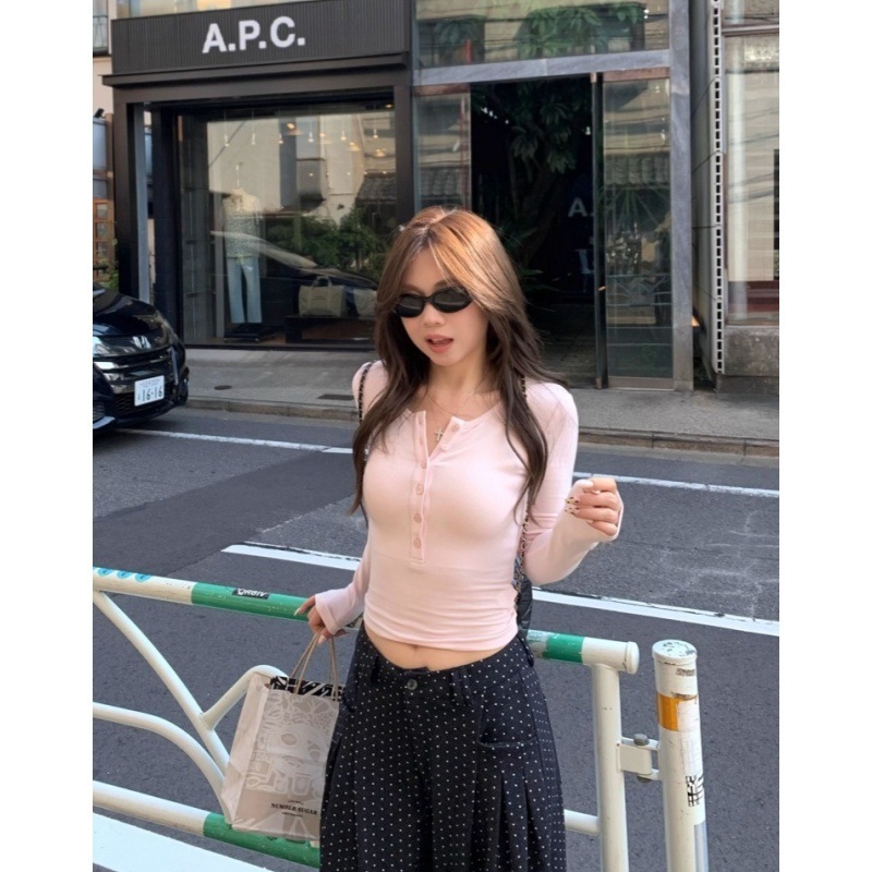 【260克人棉莫代尔】纯色简约纽扣修身显瘦圆领设计感百搭上衣潮|undefined