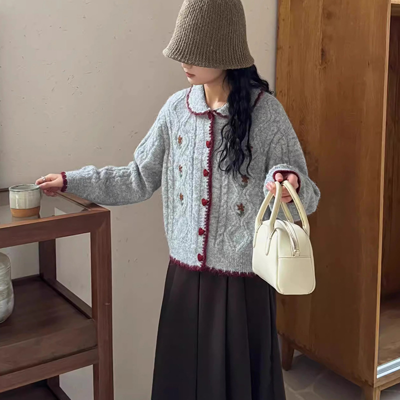 手工花朵刺绣polo领针织开衫女2025秋冬新款韩系甜美百搭毛衣外套|undefined