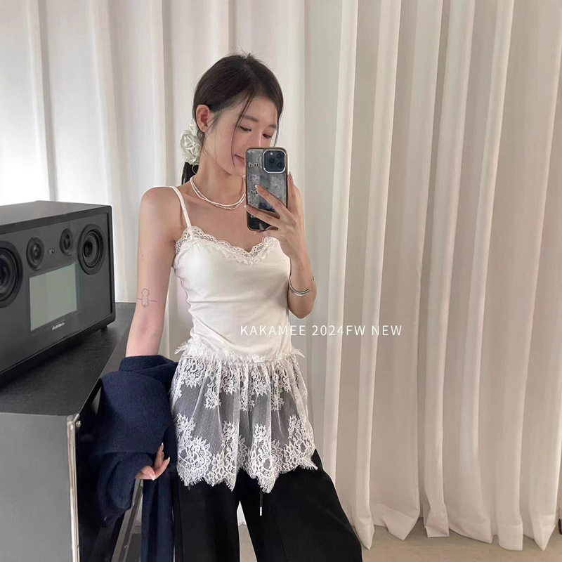 Autumn Korean Style Stacked Wearing Artifact Sling Beautiful Back Pure Lace Inner Wearing Bracket Pad Outer Wearing Skirt Vest for Women