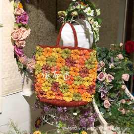 高品质拉菲草手提包撞色手工花朵编织包跨境小众多彩度假风沙滩包