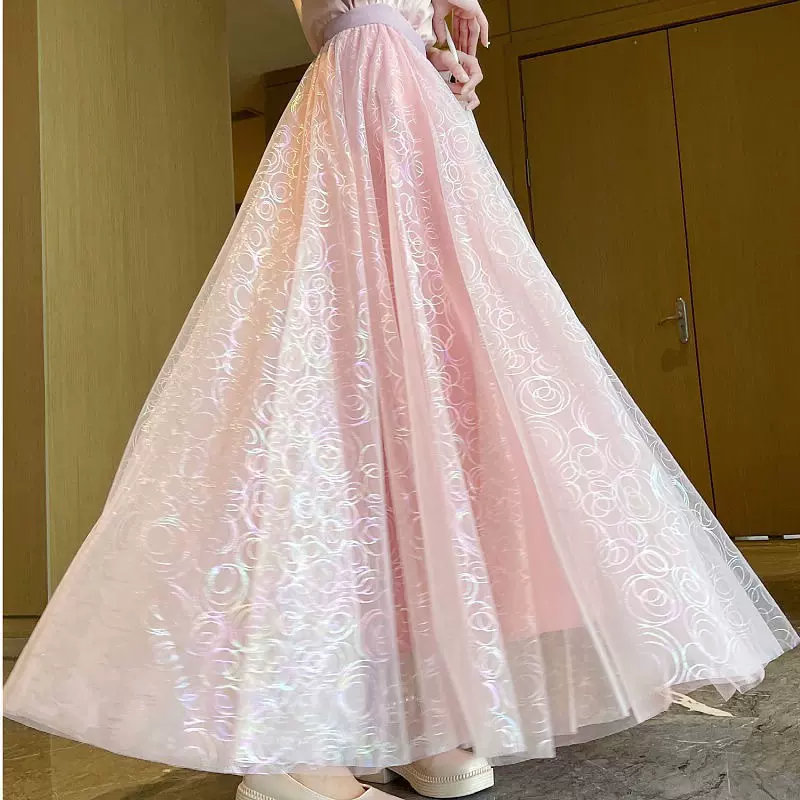 时尚高腰网纱半身裙女2025春秋新款显瘦印花a字裙新款长裙大码