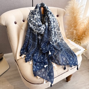 Cross-Border Ethnic Style Yunnan Blue-Dyed Small Fresh Blue and White Porcelain Tassel Printed Cotton and Linen Scarf Women's Travel Sun Protection Shawl
