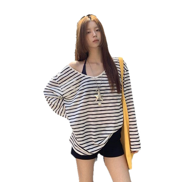 ng2510292 Sun Protection Cover-Up Shirt For Women Summer OOTD Outfit 2025 New Long Sleeve T-Shirt Loose Striped Off-Shoulder Top_voghion.com
