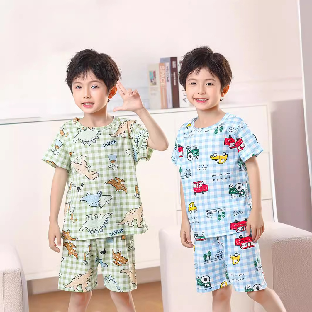 2024 New Children's Summer Short-sleeved Suit Home Clothes Pajamas Cotton Thin Air-conditioning Clothes Prince Baby Boy