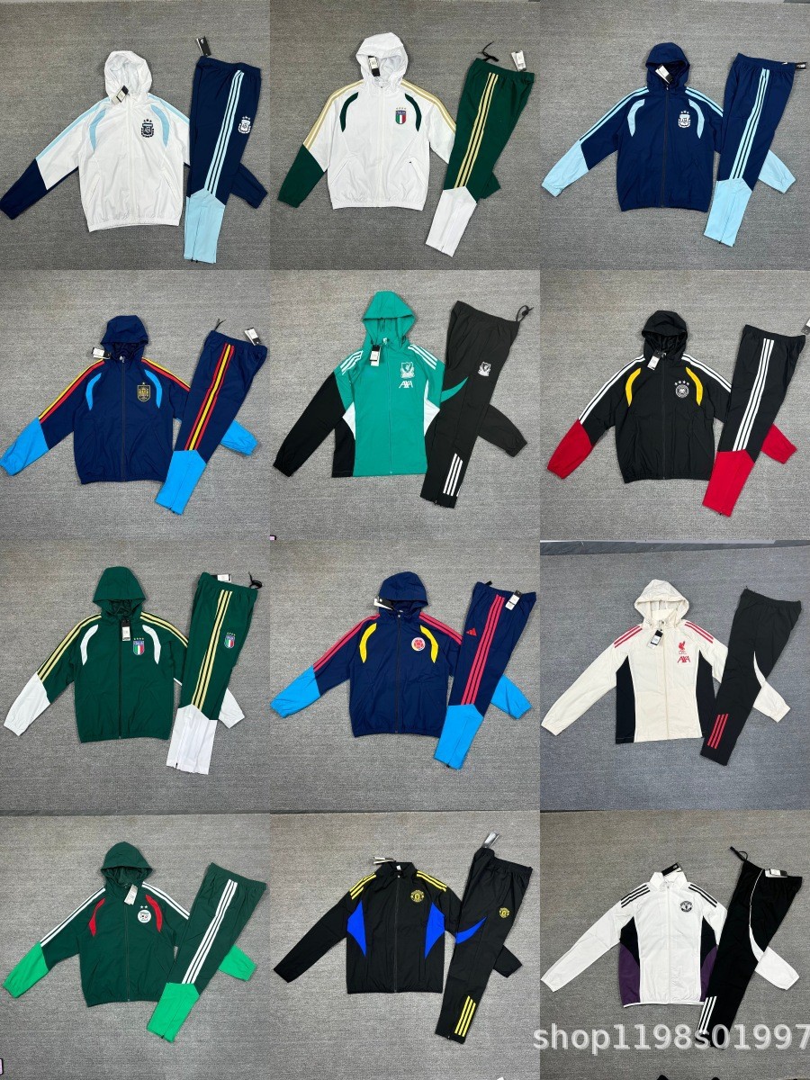 New Football Windbreaker Jacket with Long Sleeves, Zipper, and Hood - Liverpool, Germany, Italy, Spain
