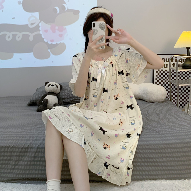 Princesa viento pijama de verano mujer tela de algodón gancho vestido de pijama de mangas cortas suelto tamaño más grande 200 kg se puede usar ropa para el hogar