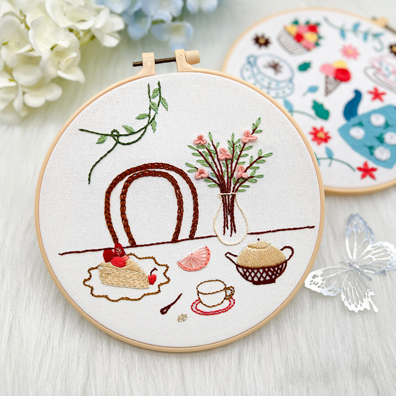 Lu bordado redondo tiempo de té de la tarde pintura colgante bordada a mano DIY material paquete de dibujos animados impresión infantil pintura colgante de pájaros