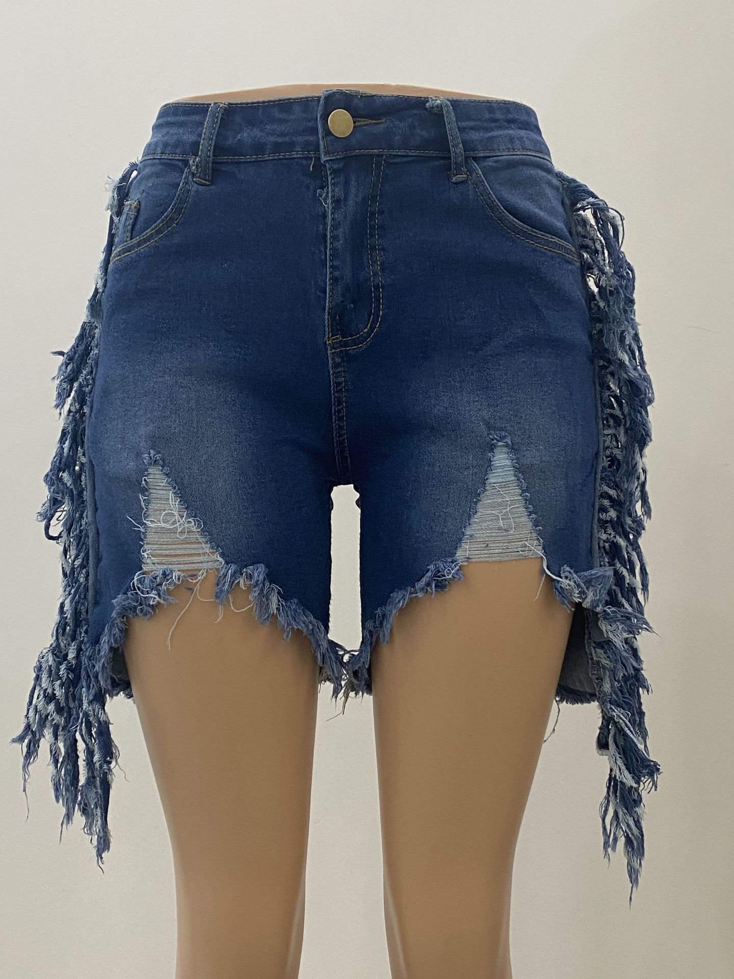 New Elastic Worn Denim Shorts Tassel Shorts display picture 3