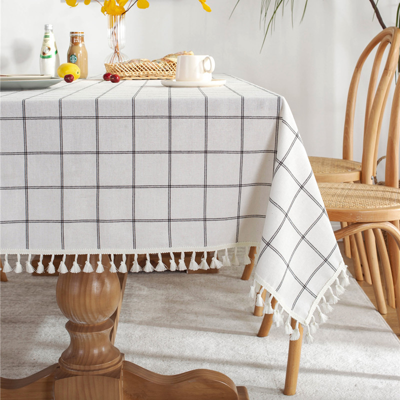 Cafe Double-line Plaid Cotton-polyester-linen Tassel Geometric Rectangular Dining And Coffee Table Tablecloth, Available_voghion.com