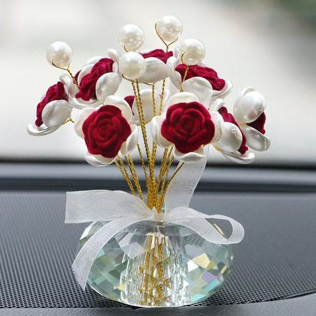 Car Accessories, Crystal Rose Flower on the Car Dashboard, Crystal Lucky Flower, Baby's Breath, Exquisite Car Interior Modification
