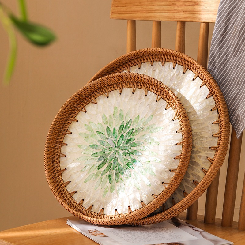 Bandeja de conchas de color tejido de ratán, plato de frutas, sala de estar creativa para el hogar, mesa de centro, marco de almacenamiento, plato de frutas, pan, plato de dim sum, frutas y verduras