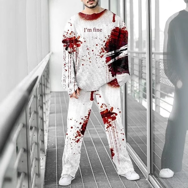 Colorido estilo personalizado estampado de dos piezas guapo otoño nuevo color contraste estilo Hong Kong cuello redondo camiseta pantalones ME6-MR10