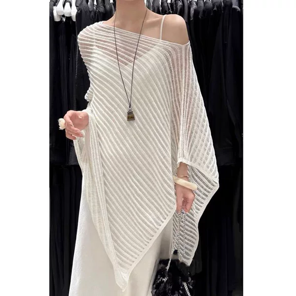 French-Style Lazy and Relaxed Hollow-Out Knitted Shawl Cape for Women, Summer Vacation Sun Protection Shirt, High-End Top