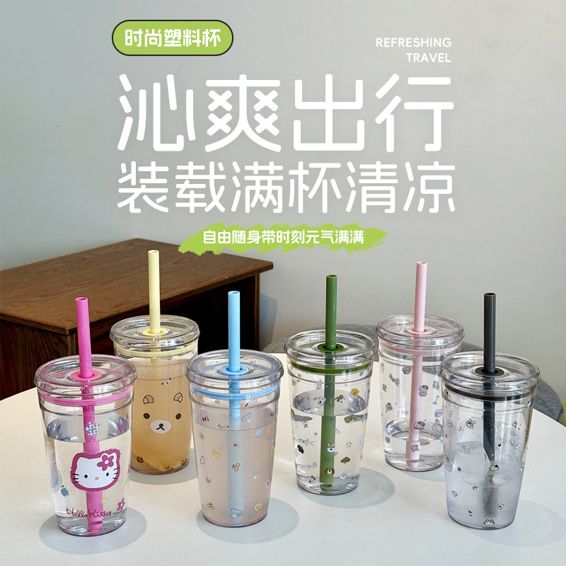 越境夏の新作、高颜值ミルクティー用小型青色プラスチックカップ、透明で多色のストロー付きコーヒーカップ、オフィス用ウォーターカップ|undefined