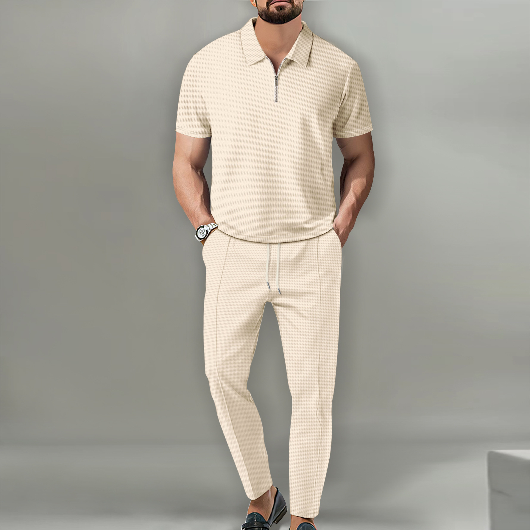 Men's Solid Color Suit with Faux Fur Collar Short Sleeve Half Zip Top And Long Pants - European American Style for Spring Summer_voghion.com