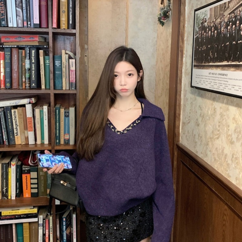 欧美跨境外贸法式气质编织翻领套头毛衣女秋冬宽松软糯厚针织上衣|undefined
