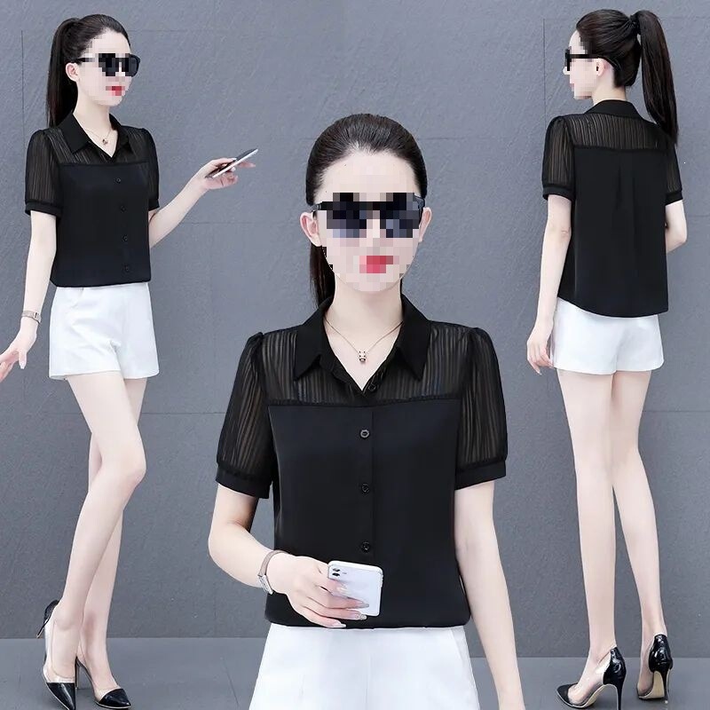 High-end chiffon blouse for women, 2023 new style women's shirt, niche slim-fit, fashionable and versatile short-sleeve top High-end chiffon blouse for women, 2023 new style women's shirt, niche slim-fit, fashionable and versatile short-sleeve top