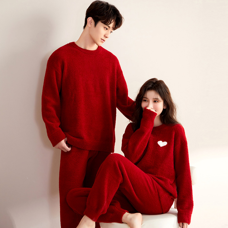Red colored velvet keep warm coral pijama for men and women