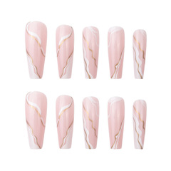 金線大理石紋長芭蕾甲歐美穿戴甲全貼美甲貼片成品指甲貼片批發