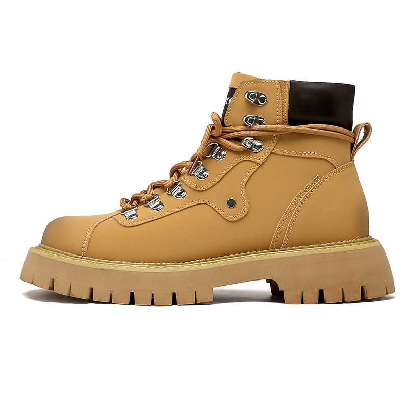 Stivali da motociclista corti e spessi con testa grande, piatti e minimalisti gialli, stile inglese_voghion.com